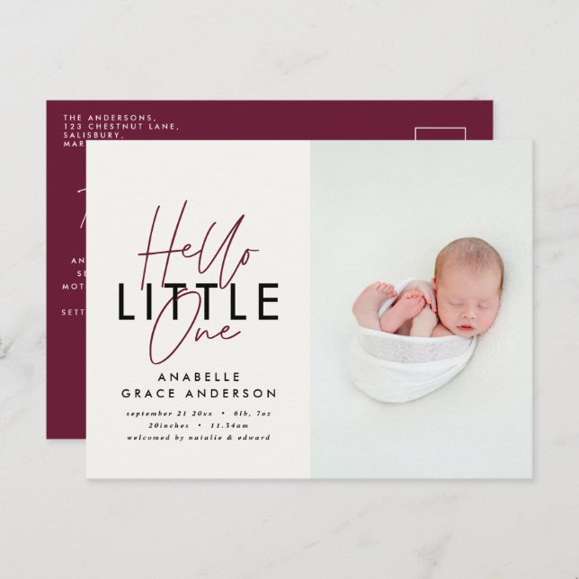 Modern script photo hello little one announcement postcard (Front/Back)