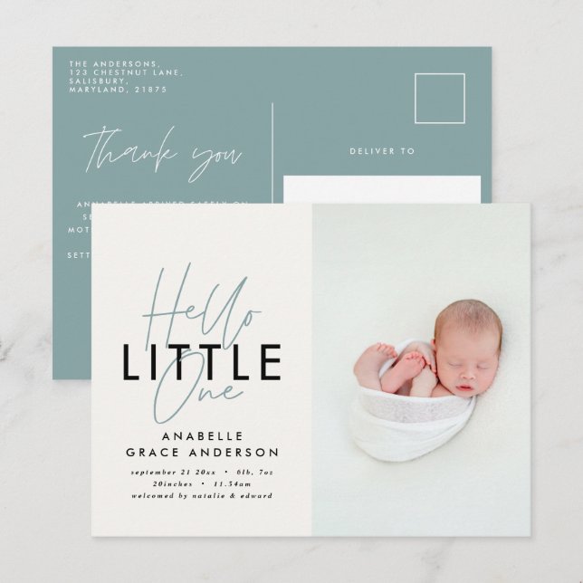 Modern script photo hello little one announcement postcard (Front/Back)