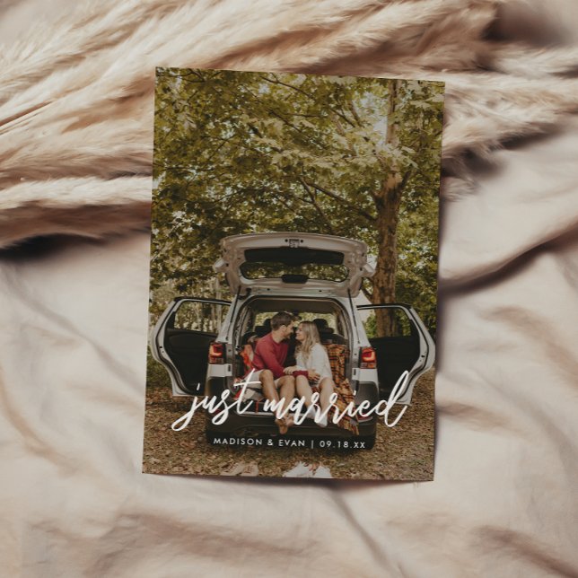 Modern Script Photo 'Just Married' Wedding Announcement (Creator Uploaded)