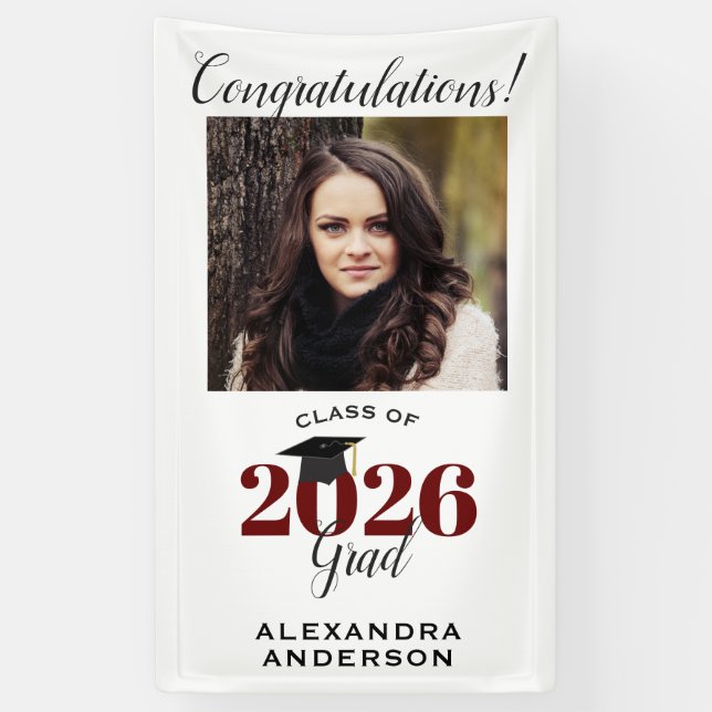 Modern Script Photo Maroon Vertical Graduation Banner (Vertical)