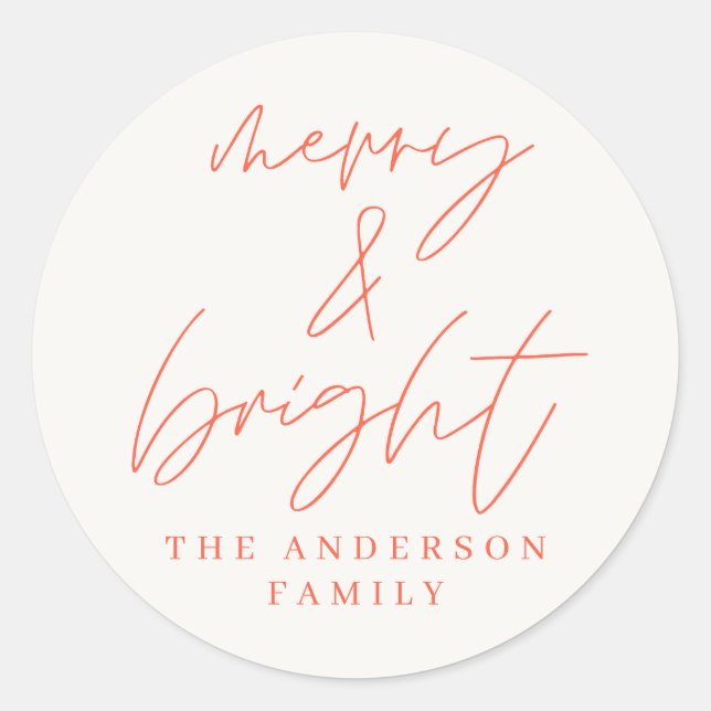Modern script photo merry & bright red christmas classic round sticker (Front)