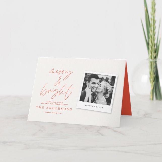 Modern script photo merry & bright red christmas note card (Front)