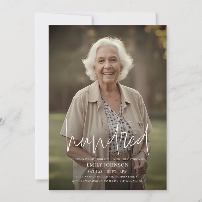 Modern Script Photo Minimal 100th Birthday Invitation (Front)