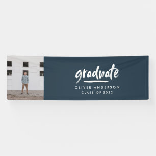 Modern script photo navy blue elegant graduation banner