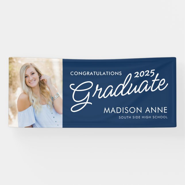 Modern Script Photo Navy Blue Graduation Banner (Horizontal)