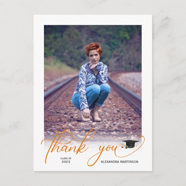 Modern Script Photo Orange Graduation Thank You Postcard (Front)