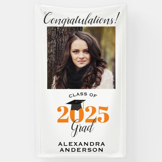 Modern Script Photo Orange Vertical Graduation Banner (Vertical)
