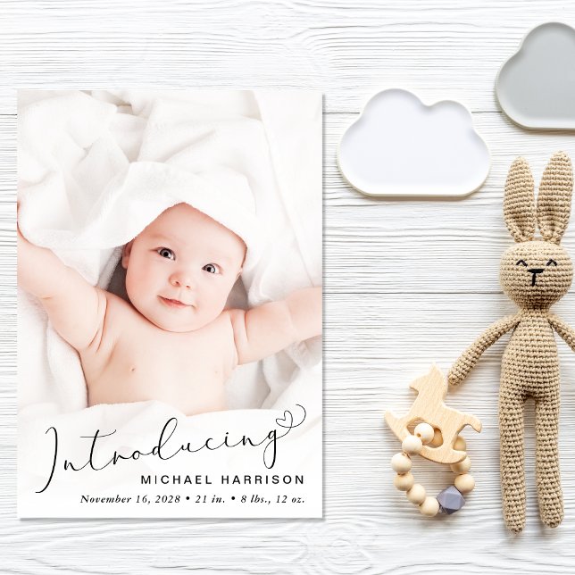 Modern Script Photo Overlay Birth Announcement (Announce the arrival of your precious baby in a way that is as beautiful and unique as they are)