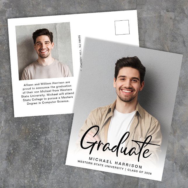 Modern Script Photo Overlay Graduation Announcement Postcard (Creator Uploaded)