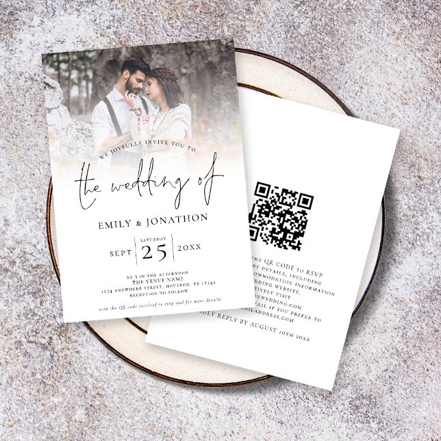 Modern Script Photo Overlay QR Code Wedding  Invitation (Front and back view. Available printed or as a digital download)