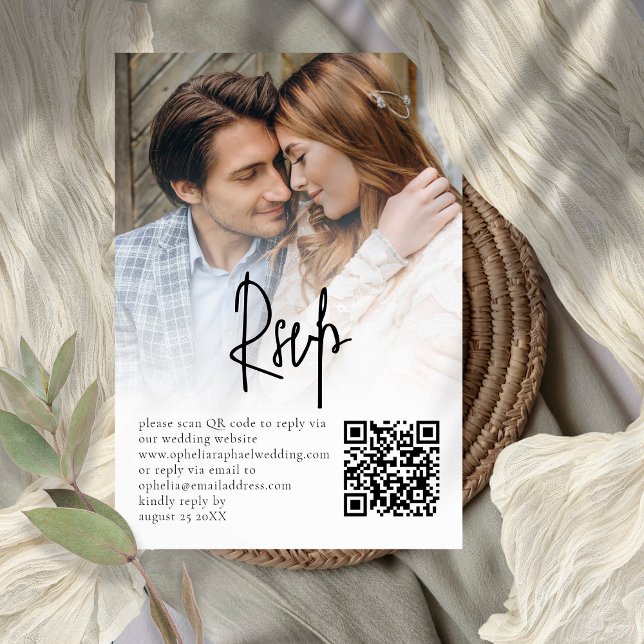 Modern Script Photo Overlay QR Wedding RSVP Card (Creator Uploaded)
