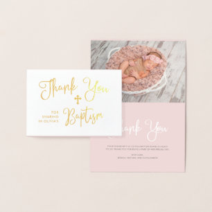 Modern Script Photo Pink Baptism Thank You Foil Card
