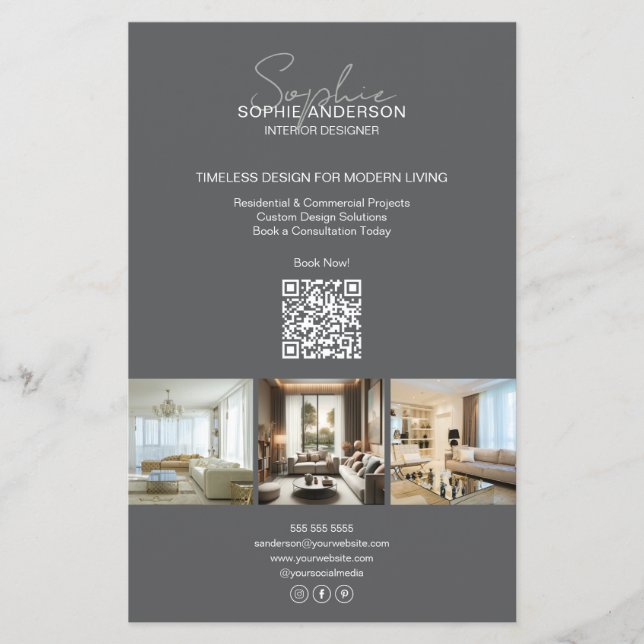 Modern Script Photo QR Grey Professional Business Flyer (Front)