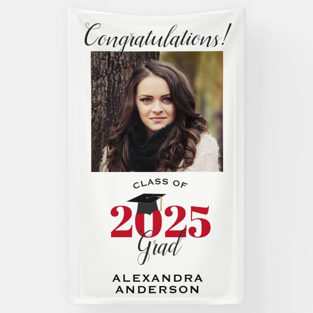 Modern Script Photo Red Vertical Graduation Banner (Vertical)
