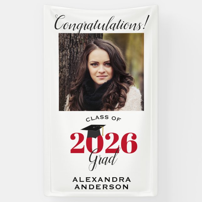 Modern Script Photo Red Vertical Graduation Banner (Vertical)