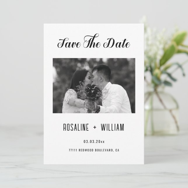 Modern Script Photo Save The Date – Elegant B & W Invitation (Standing Front)