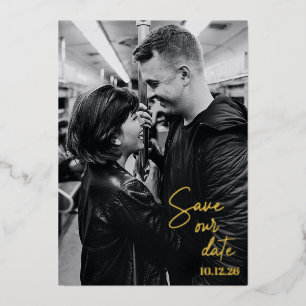 Modern Script Photo Save The Date Gold Foil Card