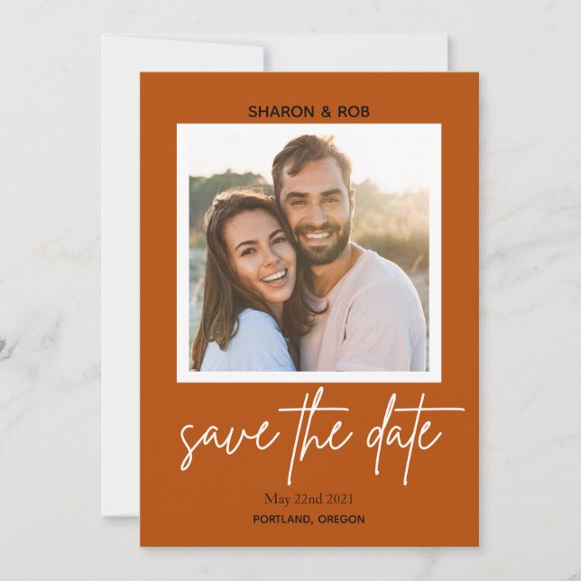 modern script photo terracotta save the date (Front)