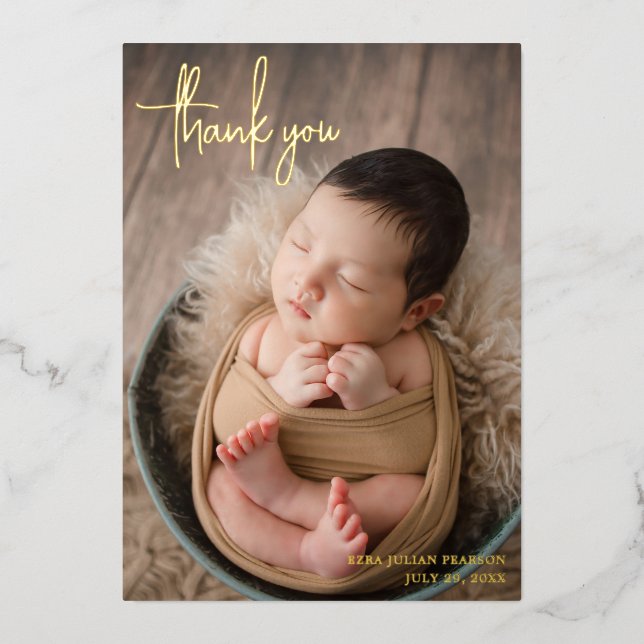 Modern Script Photo Thank You Birth Announcement (Front)