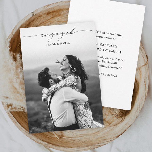Modern Script Photo Wedding Engagement Party Invitation (Elegant script engaged photo wedding engagement party shower invitation.)
