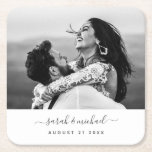 Modern Script Photo Wedding Names Date Party Square Paper Coaster<br><div class="desc">Customize with your photo,  names and date and make this coaster either a gorgeous save the date add-on or a beautiful wedding decor party accessory.</div>