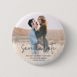 Modern Script Photo Wedding Save the Date Keepsake 6 Cm Round Badge