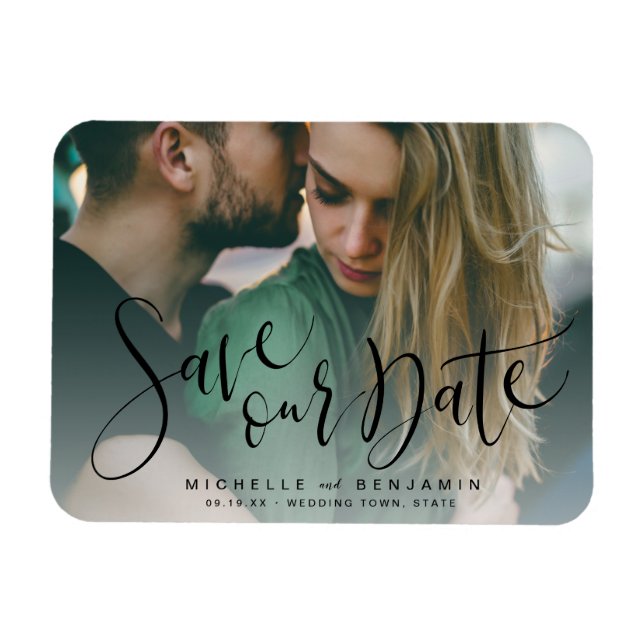 Modern script photo wedding save the date magnet (Horizontal)