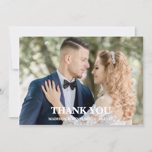 Modern Script Photo Wedding Thank You Card (Front)