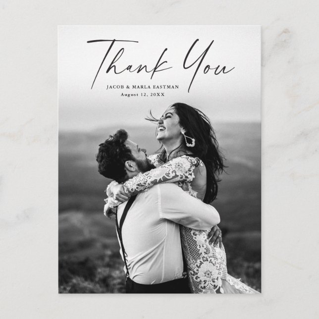 Modern Script Photo Wedding Thank You Postcard (Front)