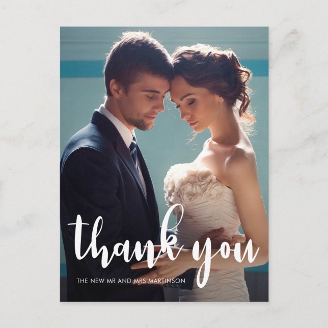 Modern Script Photo Wedding Thank you Postcard (Front)