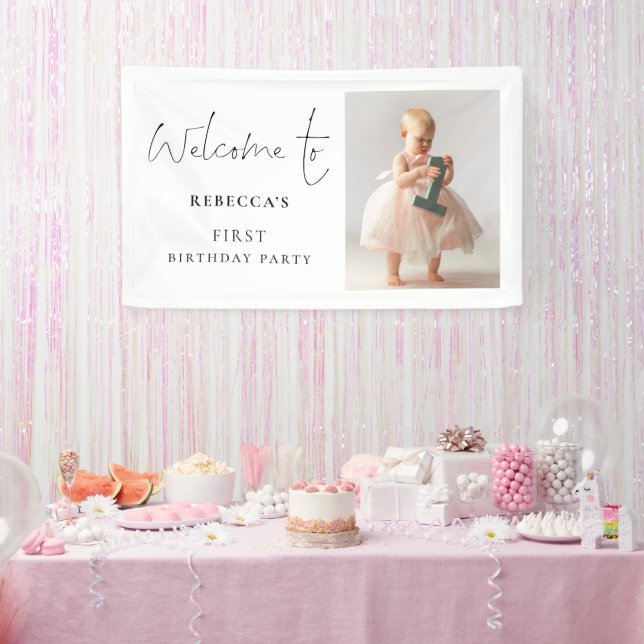 Modern Script Photo Welcome 1st Birthday Party Banner (Party)