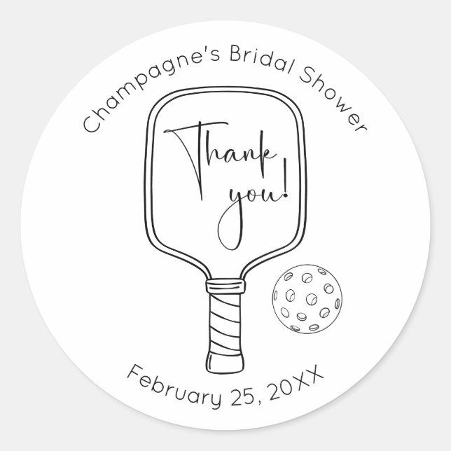 Modern Script Pickleball Bridal Shower Thank You Classic Round Sticker (Front)