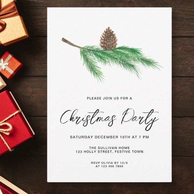 Modern Script Pine Cone Christmas Party Invitation (Creator Uploaded)