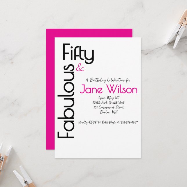 Modern Script Pink Black 50 and Fabulous Birthday Invitation (Front/Back In Situ)
