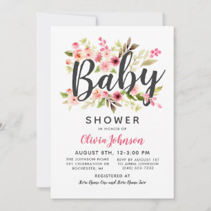 Modern Script Pink Floral Girl Baby Shower Invitation