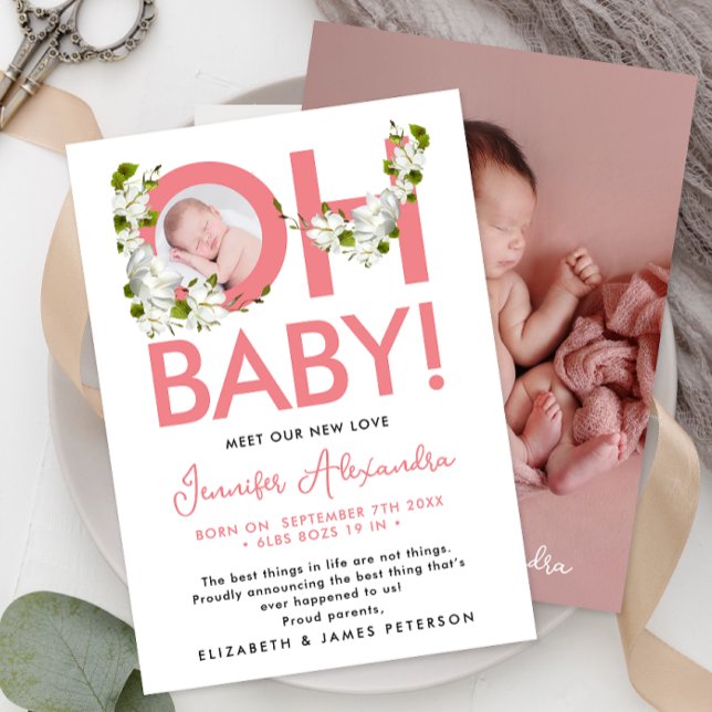 Modern Script Pink Floral New Baby Announcement (Creator Uploaded)