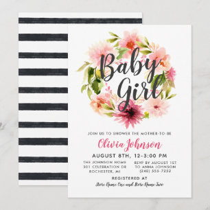 Modern Script Pink Floral Wreath Baby Girl Shower Invitation