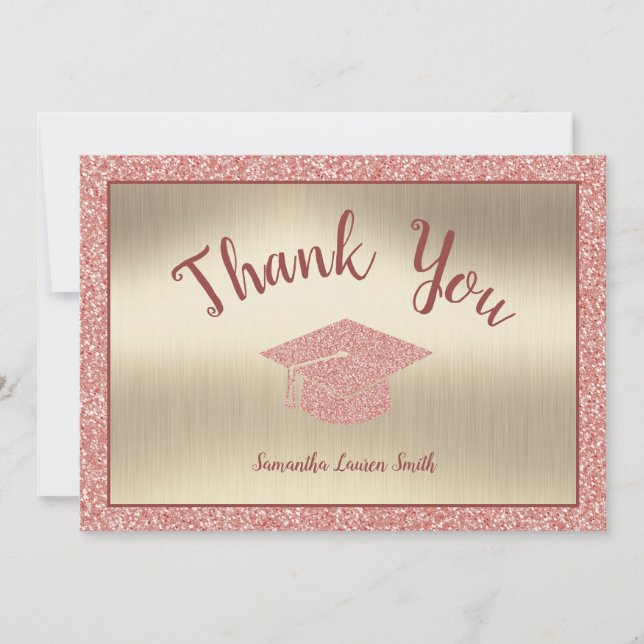 Modern Script Pink Glitter Gold Graduation Thank You Card (Front)