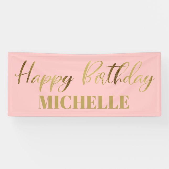 Modern Script Pink Gold Happy Birthday Banner (Horizontal)