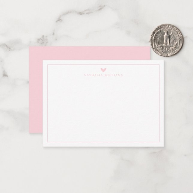 Modern Script Pink Heart Border Monogram Note Card (Front/Back In Situ)
