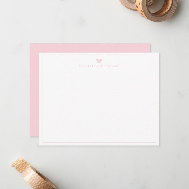 Modern Script Pink Heart Border Monogram Note Card (Front/Back In Situ)