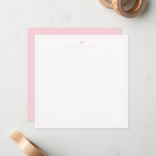 Modern Script Pink Heart Border Monogram Note Card (Front/Back In Situ)
