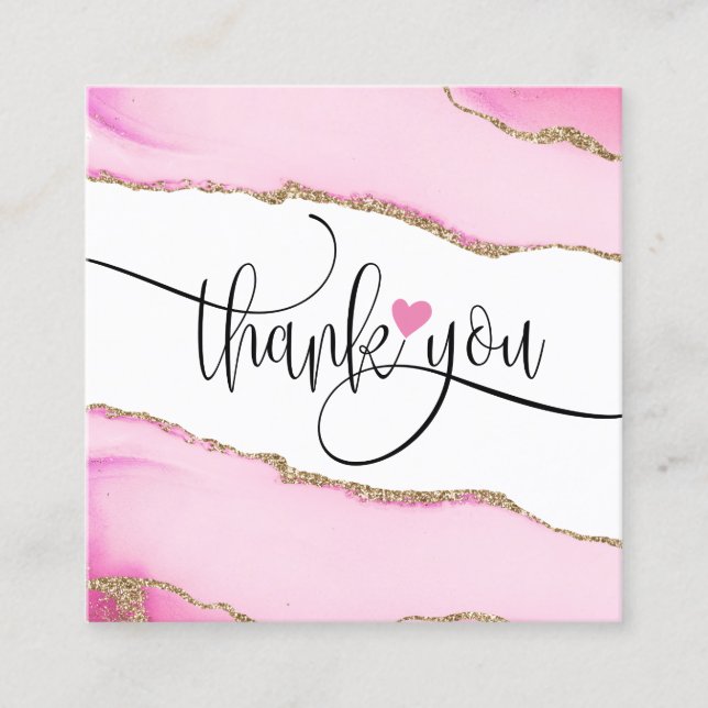 modern script pink heart thank you for your order square business card (Front)