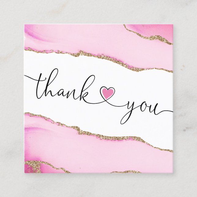 modern script pink heart thank you for your order square business card (Front)