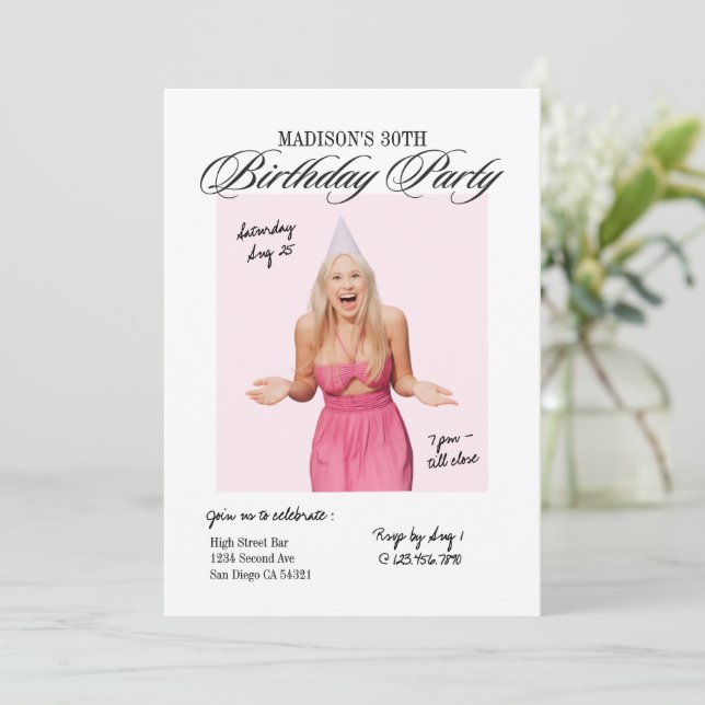 Modern Script Pink Milestone Age Birthday Party Invitation (Standing Front)