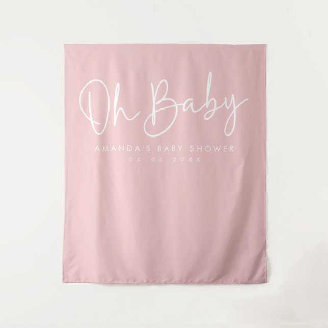 Modern Script Pink Oh Baby Baby Shower Backdrop Tapestry (Front)