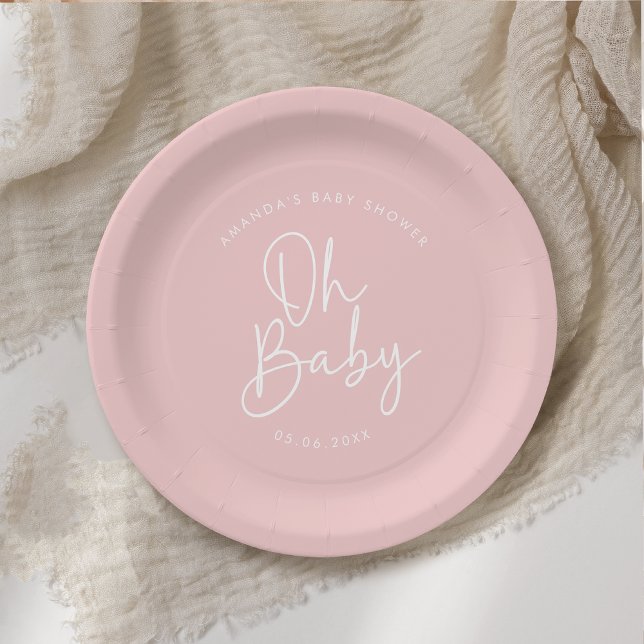 Modern Script Pink Oh Baby Simple Baby Shower Paper Plate (Creator Uploaded)