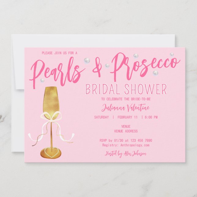 Modern Script Pink Pearls & Prosecco Bridal Shower Invitation (Front)