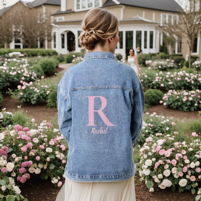 Modern Script Pink Personalised Monogram Name  Denim Jacket (Wedding Back)