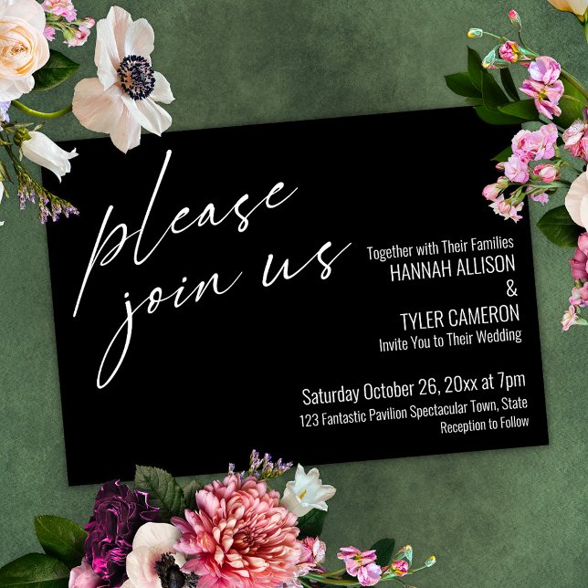 Modern Script Please Join Us Black Wedding Invitation (Creator Uploaded)